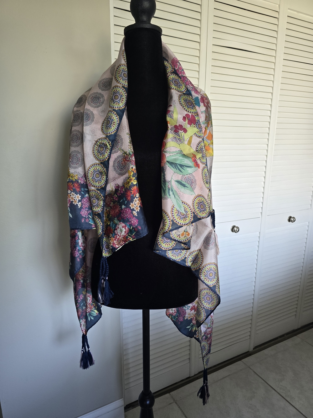 Johnny Was Blush Scarf with Floral Border and Tassels